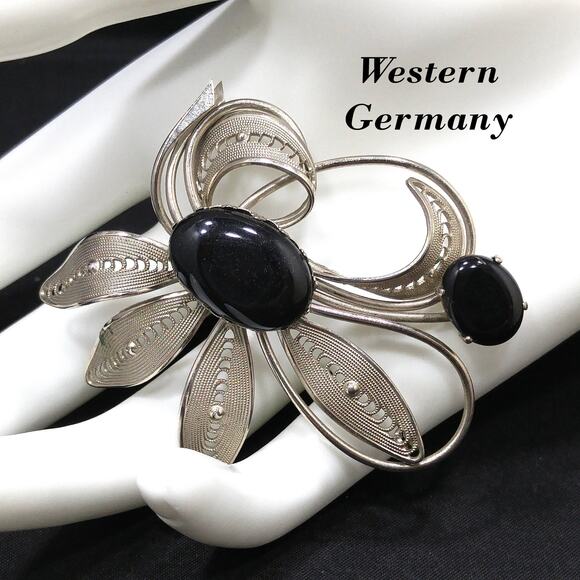 Western Germany Black & Silver Floral Brooch, Black Glass Cabochons, 1950s - Picture 1 of 10